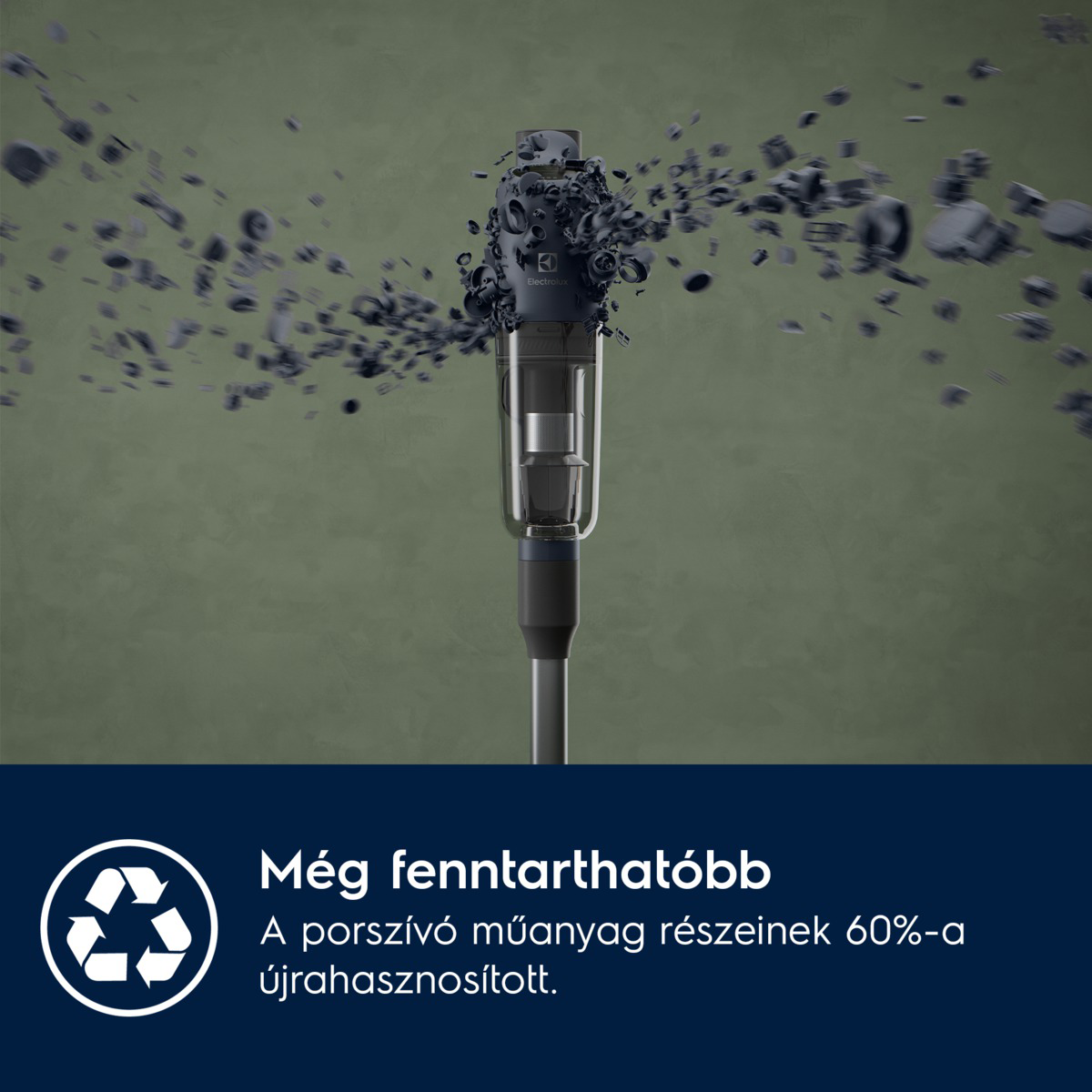 Egy porszívó lebegő törmelékkel. A szöveg szerint fenntarthatóbb, 60% -ban újrahasznosított műanyag alkatrészekkel.