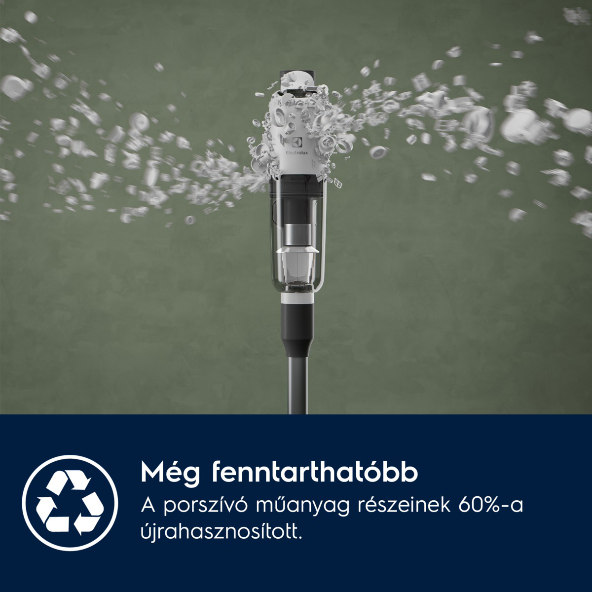 Fehér-fekete porszívó vízcsepp effektusokkal, zöld háttérrel, Electrolux logó. Szöveg: Fenntarthatóbb, 60% újrahasznosított.