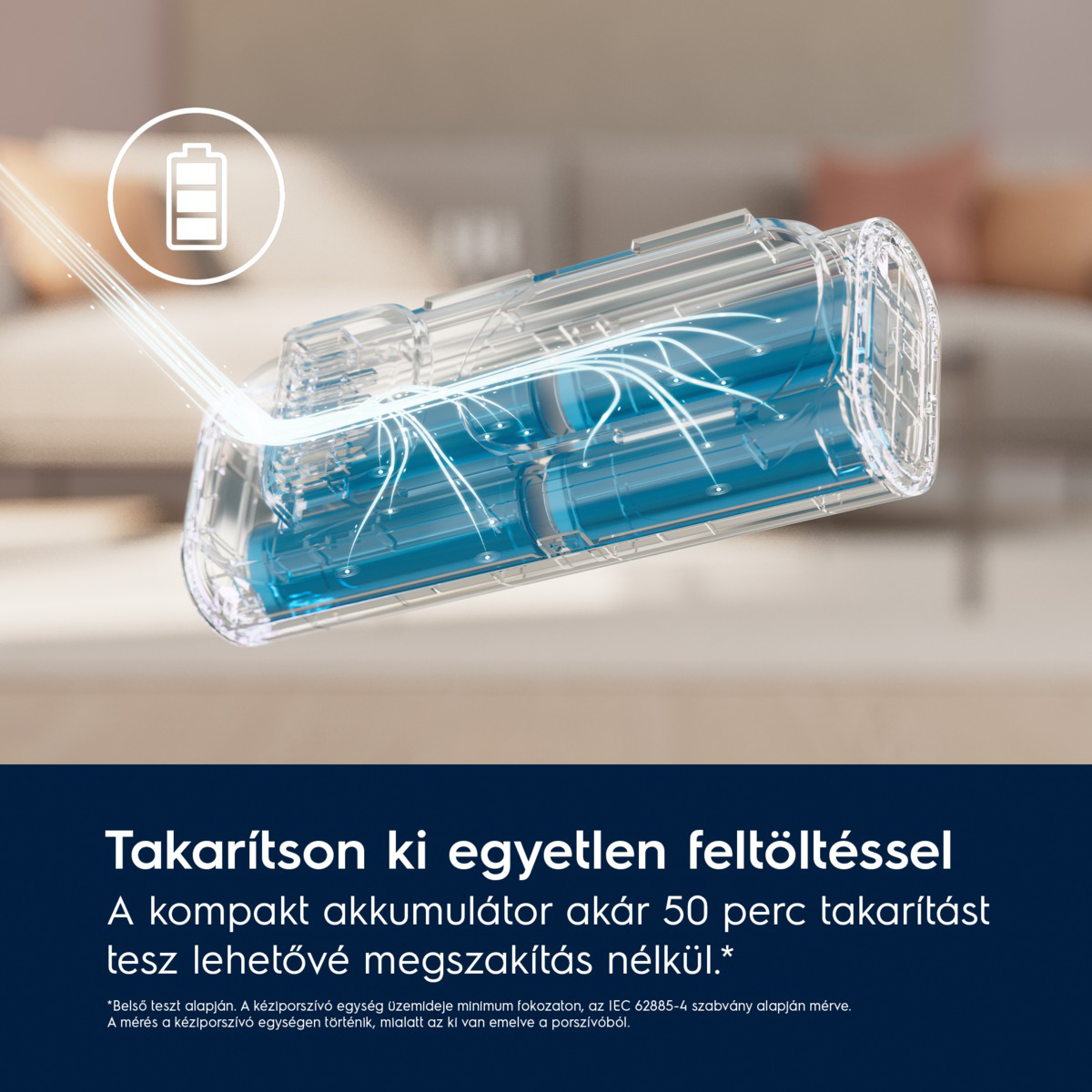 A képen egy átlátszó porszívó akkumulátor látható fehér energiavonalakkal és akkumulátor ikonnal a tetején.