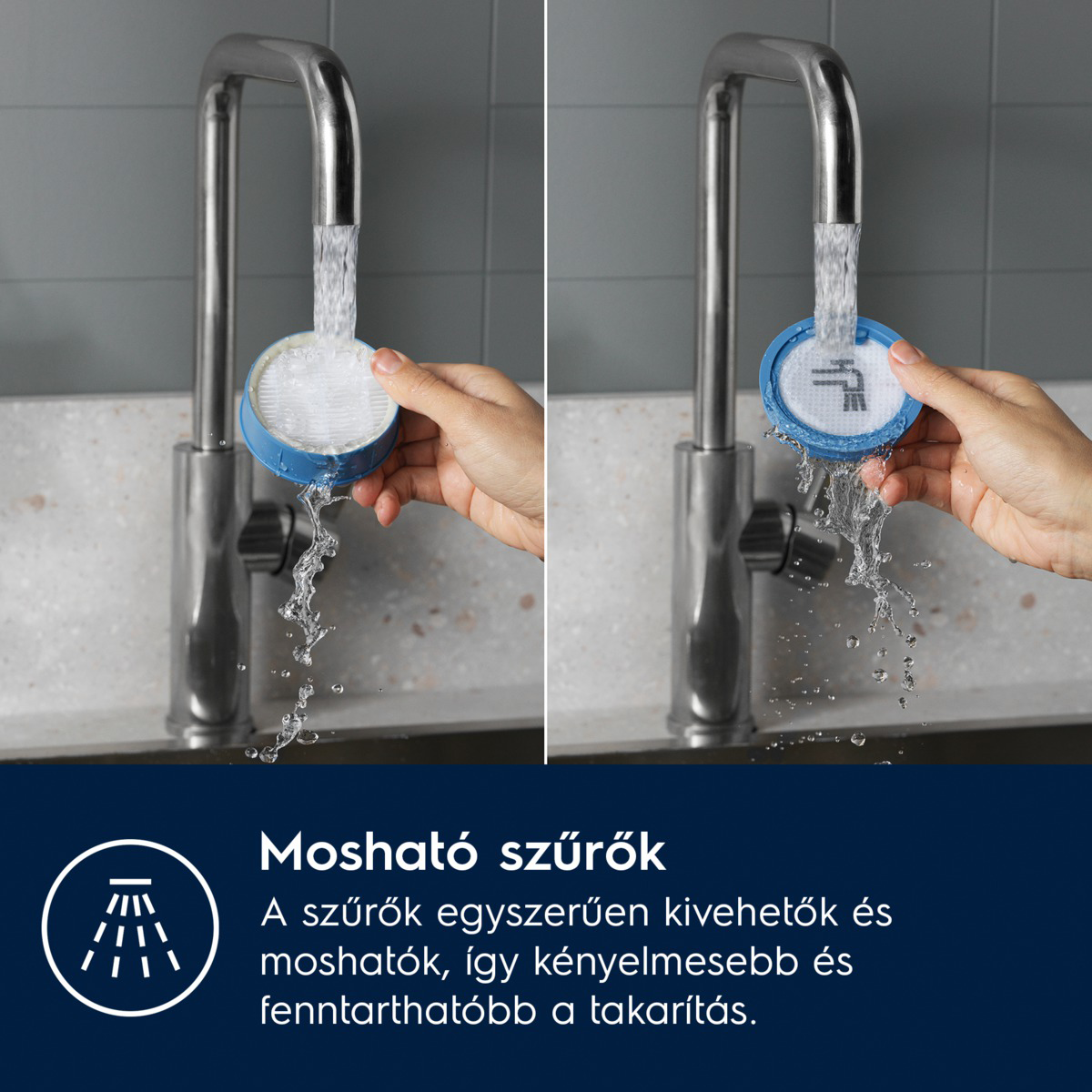 Kéz egy kék szűrőt tart a csap alatt. A víz a csapból folyik, mosva a szűrőt. A szöveg azt mondja: 'Mosható szűrők'.