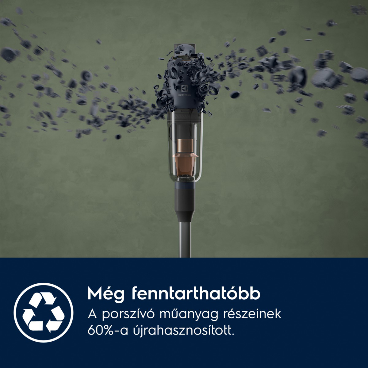 Egy porszívó robbanó alkatrészekkel. A szöveg szerint fenntarthatóbb, 60% újrahasznosított műanyaggal.