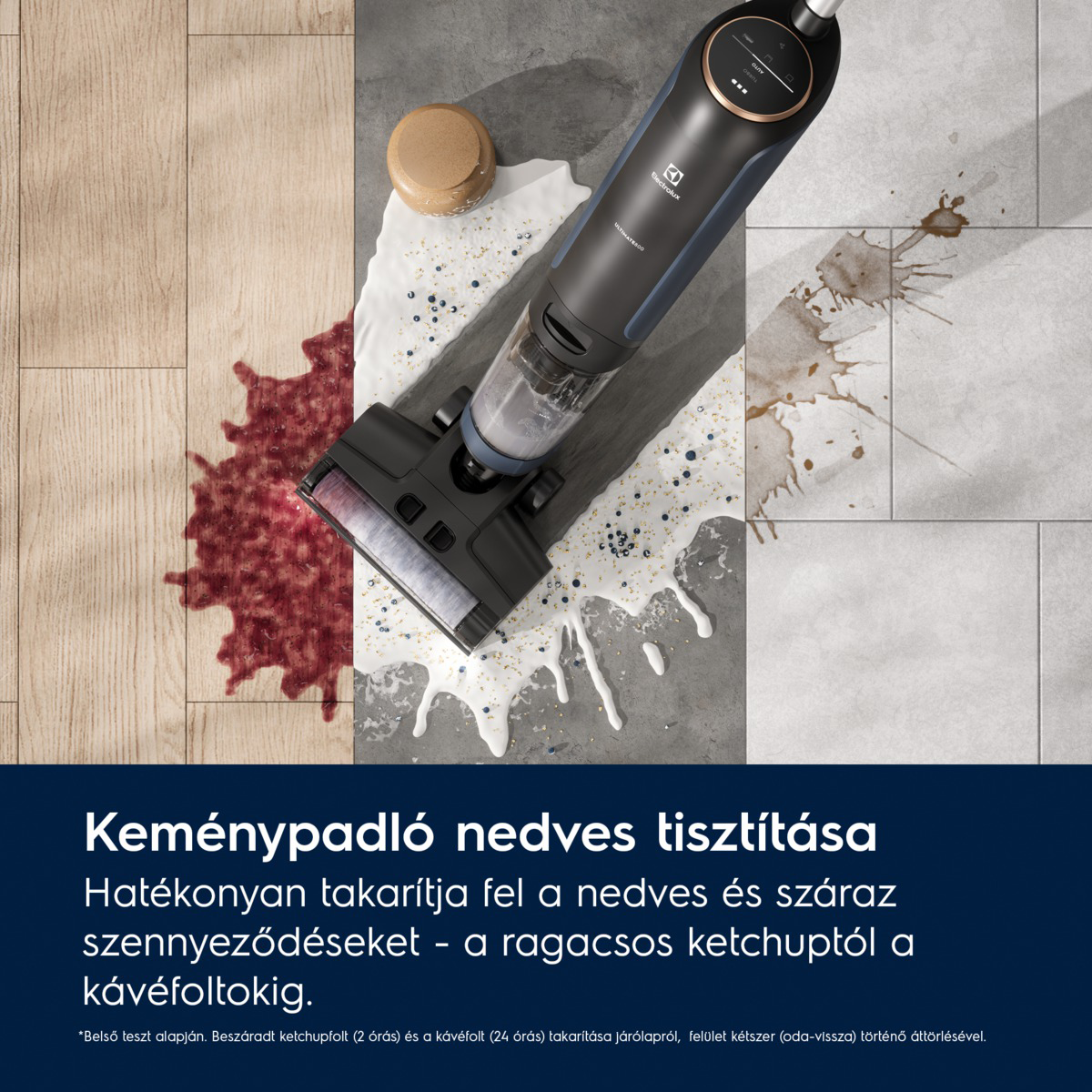 Egy Electrolux porszívó takarít egy padlót ketchup- és kávéfoltokkal. A padló különböző felületekre van osztva.