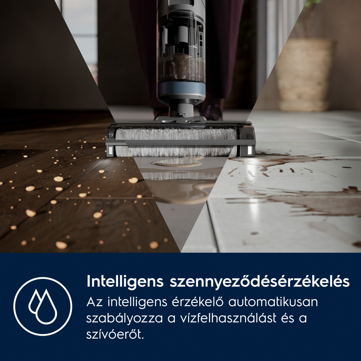 Egy porszívó három különböző felületet tisztít. A tisztítófej érintkezik a piszkos felületekkel.