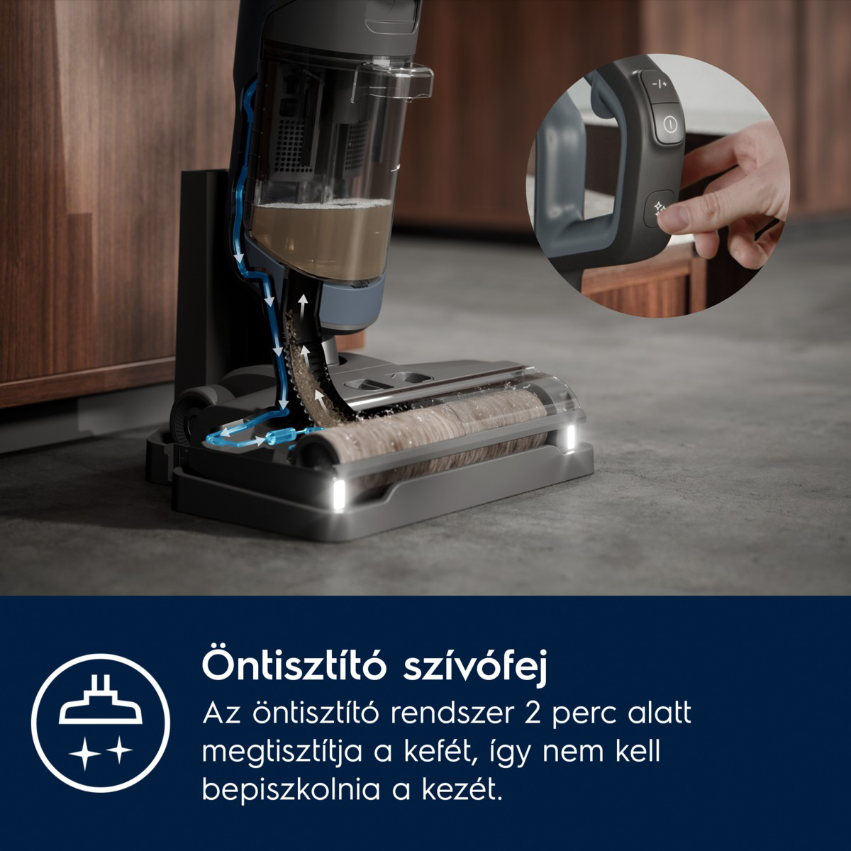 Egy ön tisztító fejjel rendelkező porszívó látható. Egy kéz megnyom egy gombot a fogantyún. A szöveg azt mondja, hogy 'ön tisztító fej'.