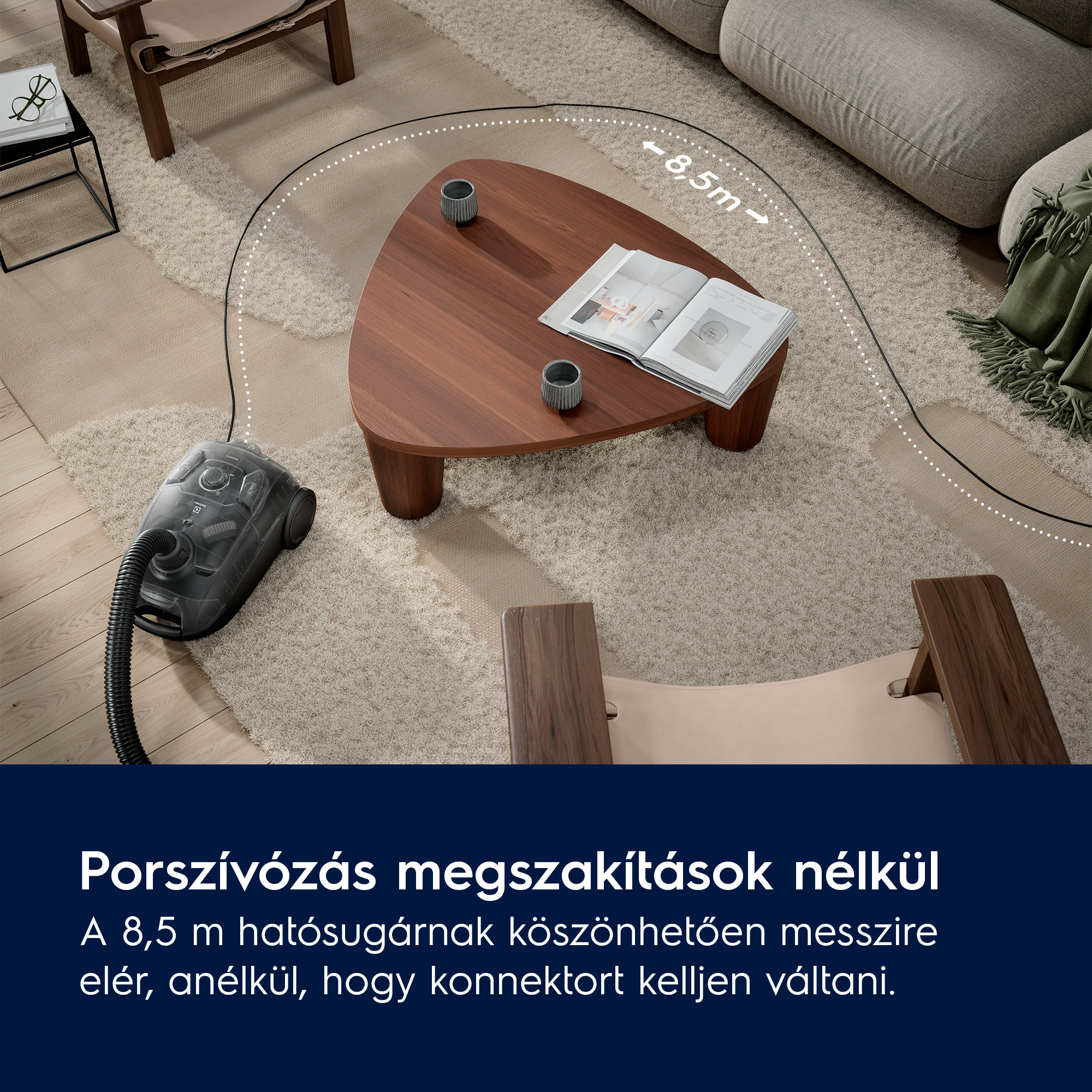 Nappali jelenet porszívóval, dohányzóasztallal, kanapéval. Pontozott vonal jelzi a porszívó hatótávolságát.