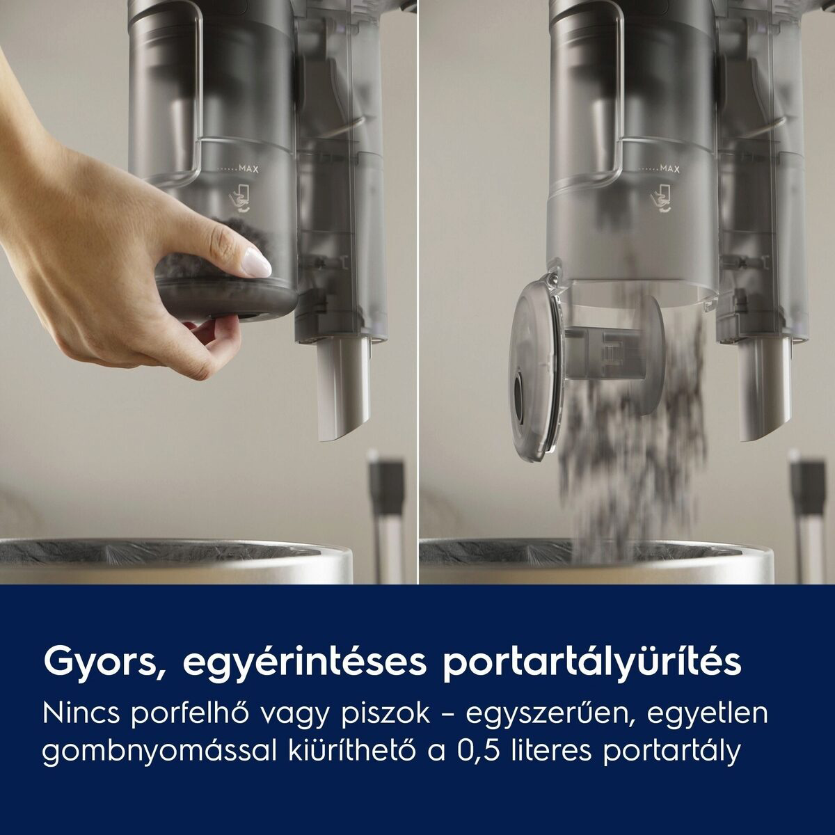 Egy kéz kiüríti a porszívó portartályát. Por hullik ki. A tartály átlátszó. A szöveg azt mondja: 'Gyors, egyérintéses portartályürítés'.