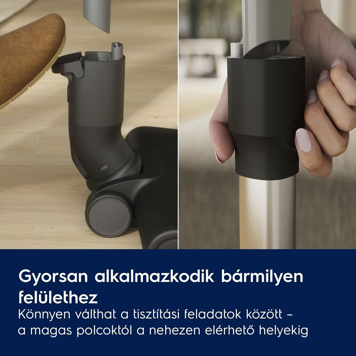 Egy személy porszívót szerel össze. A kép a tisztító különböző részeit mutatja, amint csatlakoznak.