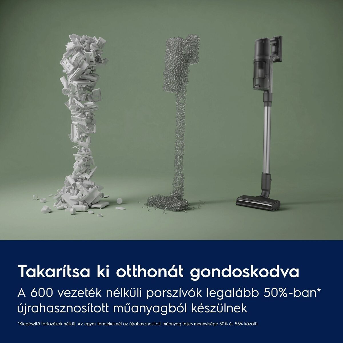 A képen egy újrahasznosított műanyagból készült porszívó látható. Két másik porszívó-ábrázolás mellett van, szintén újrahasznosított anyagból.