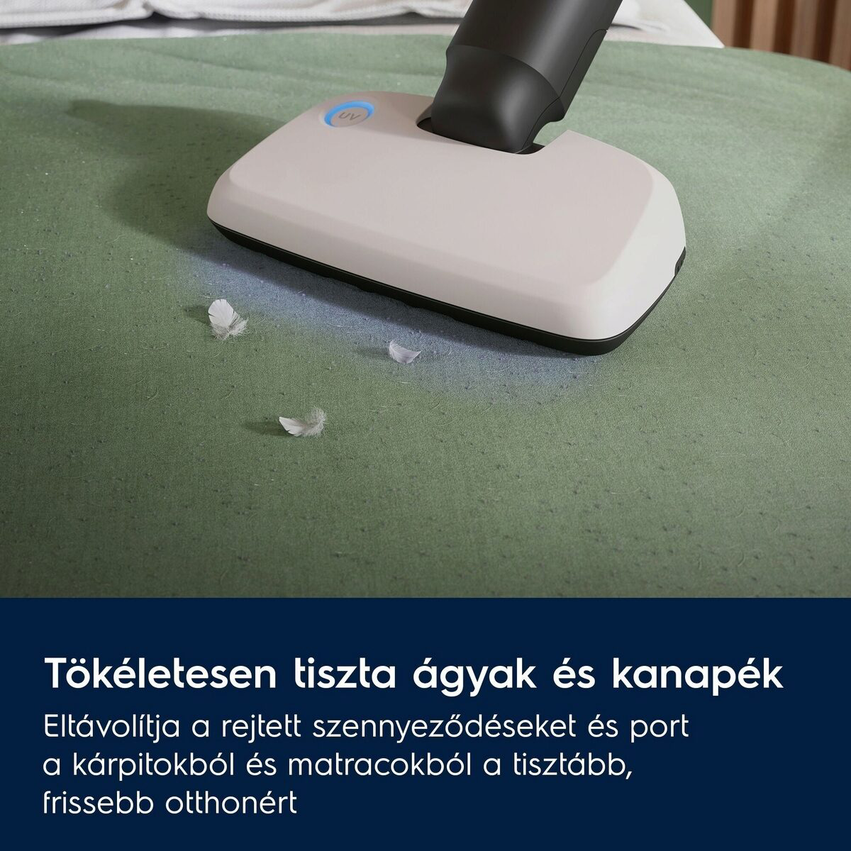 Egy fehér porszívófej zöld matracot tisztít. Tollak a matracon. Egy kék UV-fény világít a porszívón.