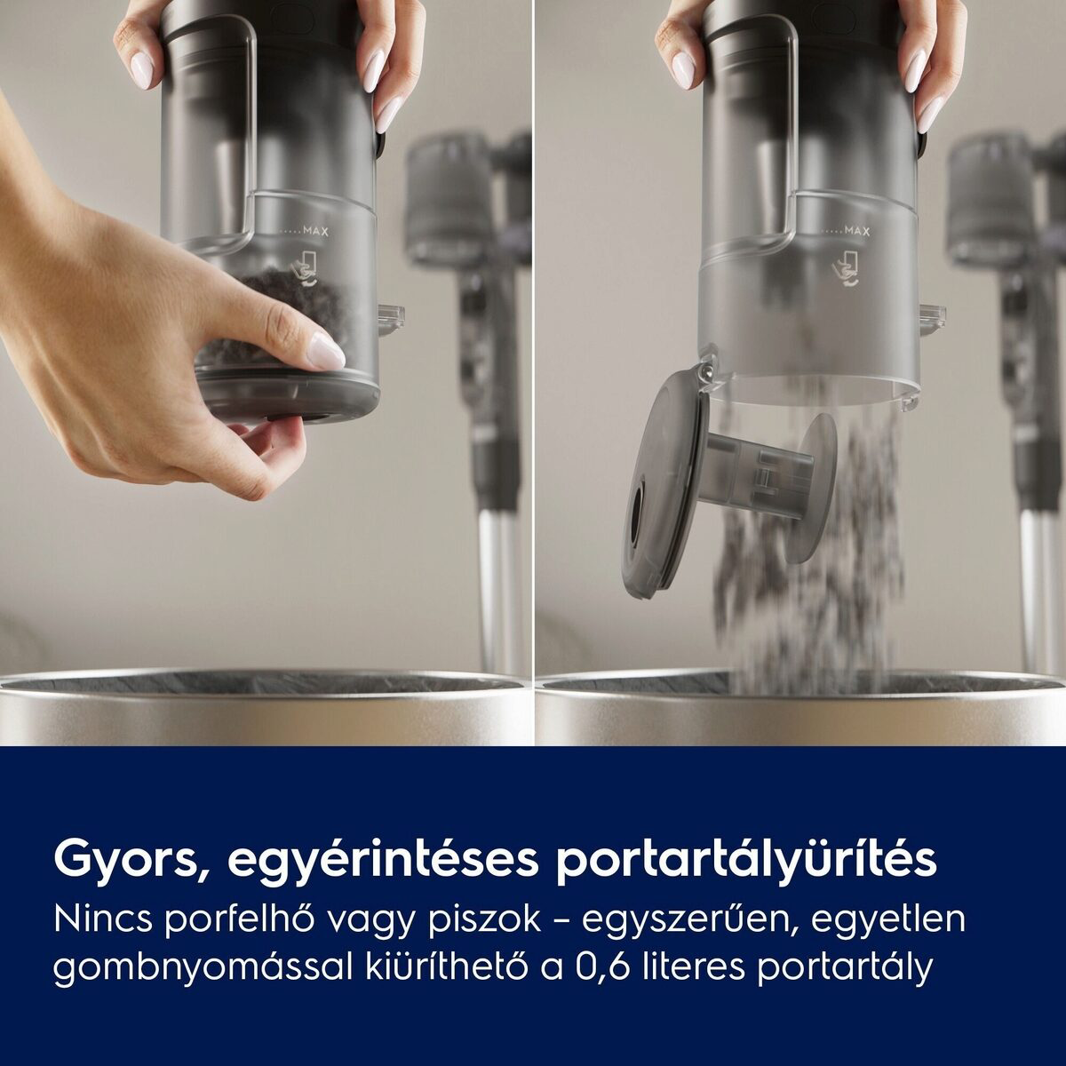 Egy személy kiüríti a porszívó portartályát, sötét törmeléket szabadítva fel. A tartályt egy fém szemetes fölött tartják.