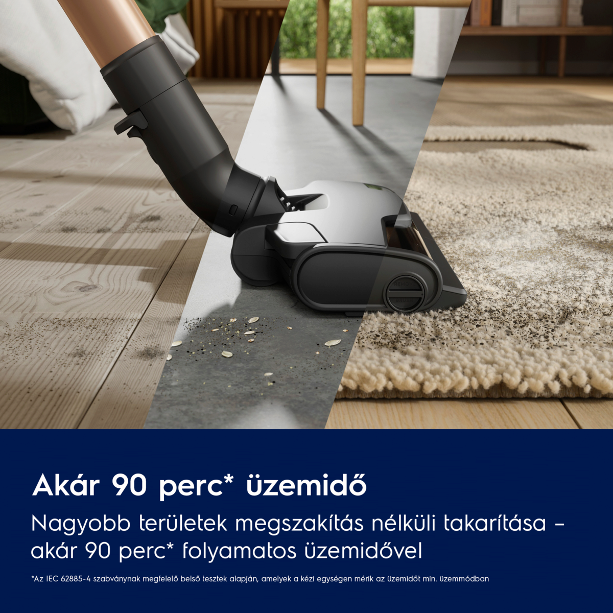 A porszívófej egy piszkos szőnyeget tisztít. A tisztító fekete és szürke. Bal oldalon a fa padló.