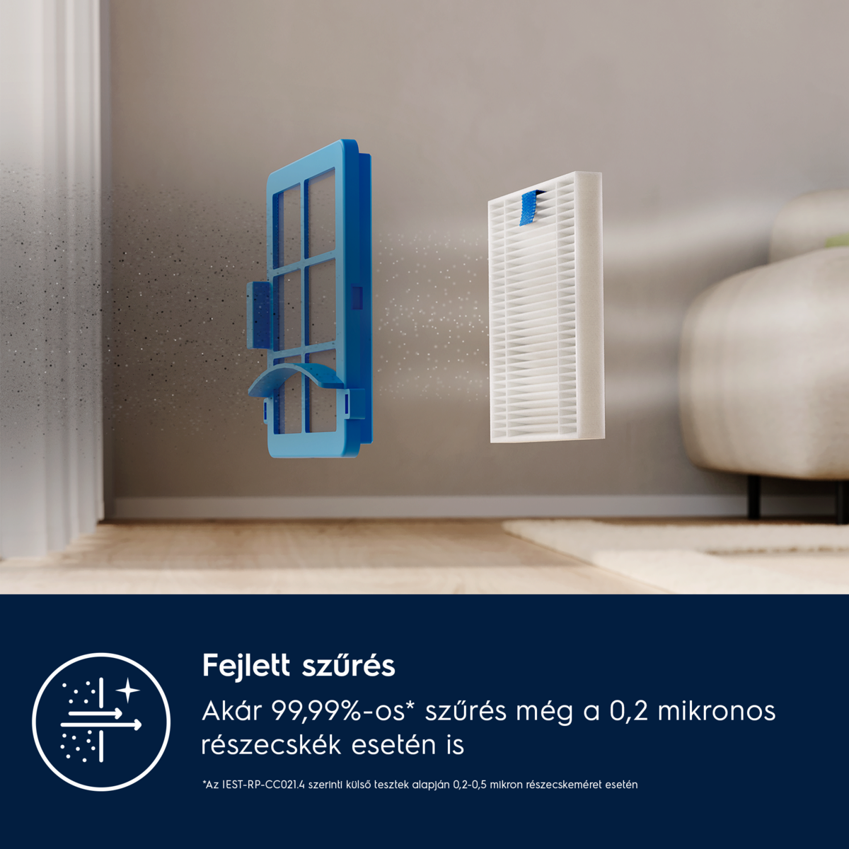 Kék és fehér légszűrő alkatrészek lebegnek a levegőben, porszemcsékkel. Alul a szöveg a fejlett szűrést írja le.