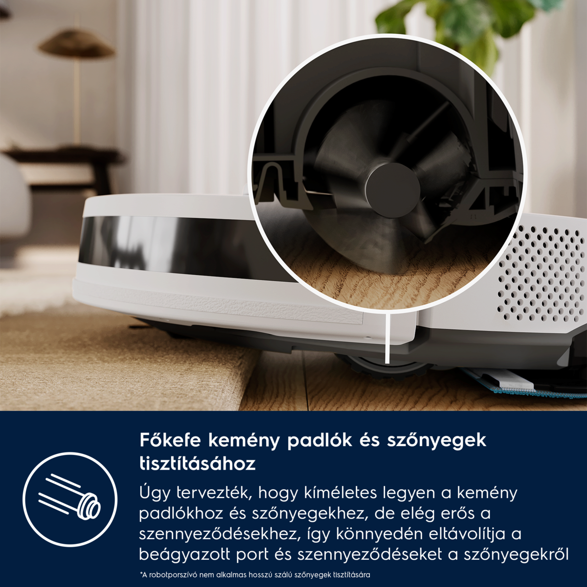 Fehér és szürke robotporszívó, a belső tisztítómechanizmus részletes nézetével.