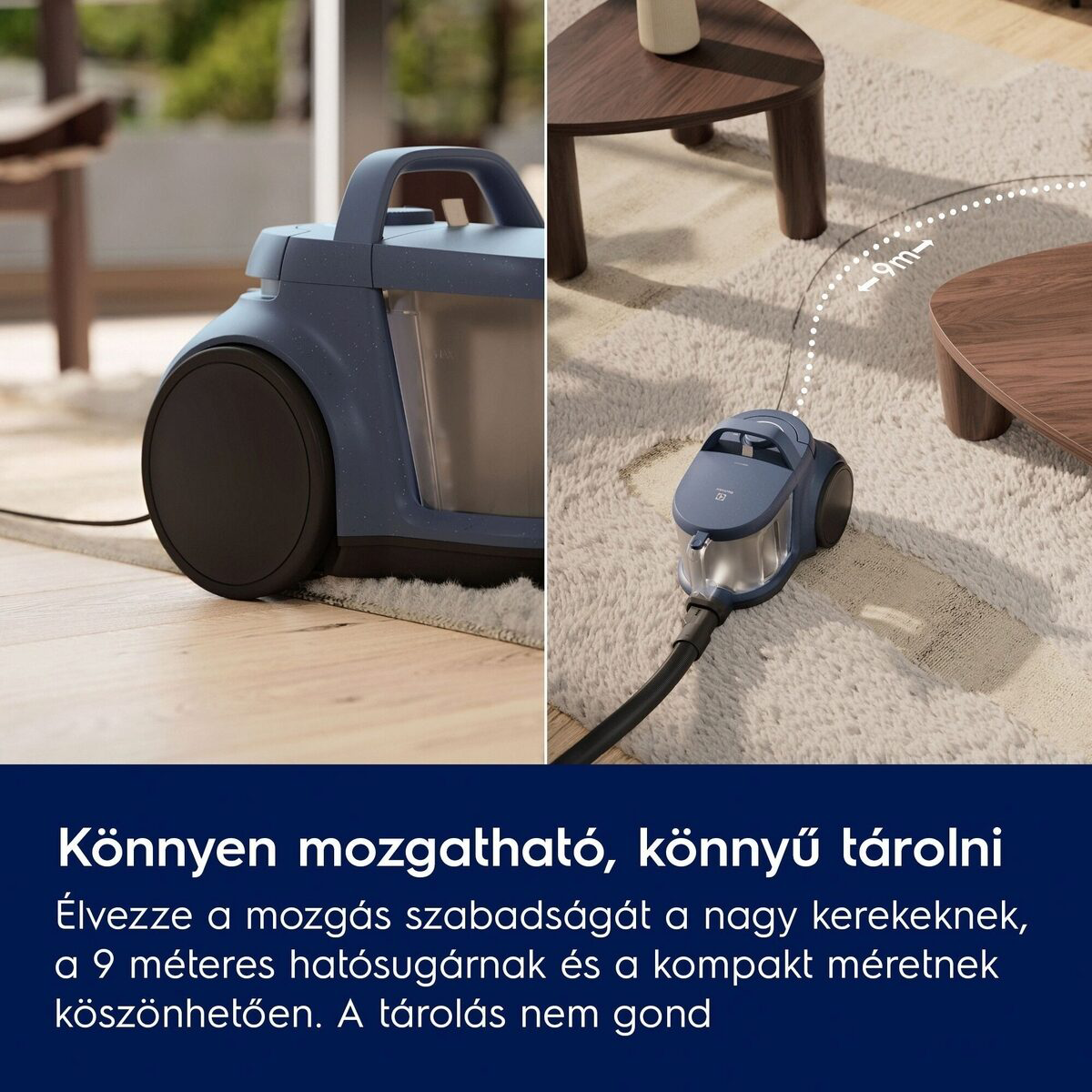 Egy kék porszívó a szőnyegen. Egy diagram 9 méteres sugarat mutat. Kisméretű fa asztalok a háttérben.