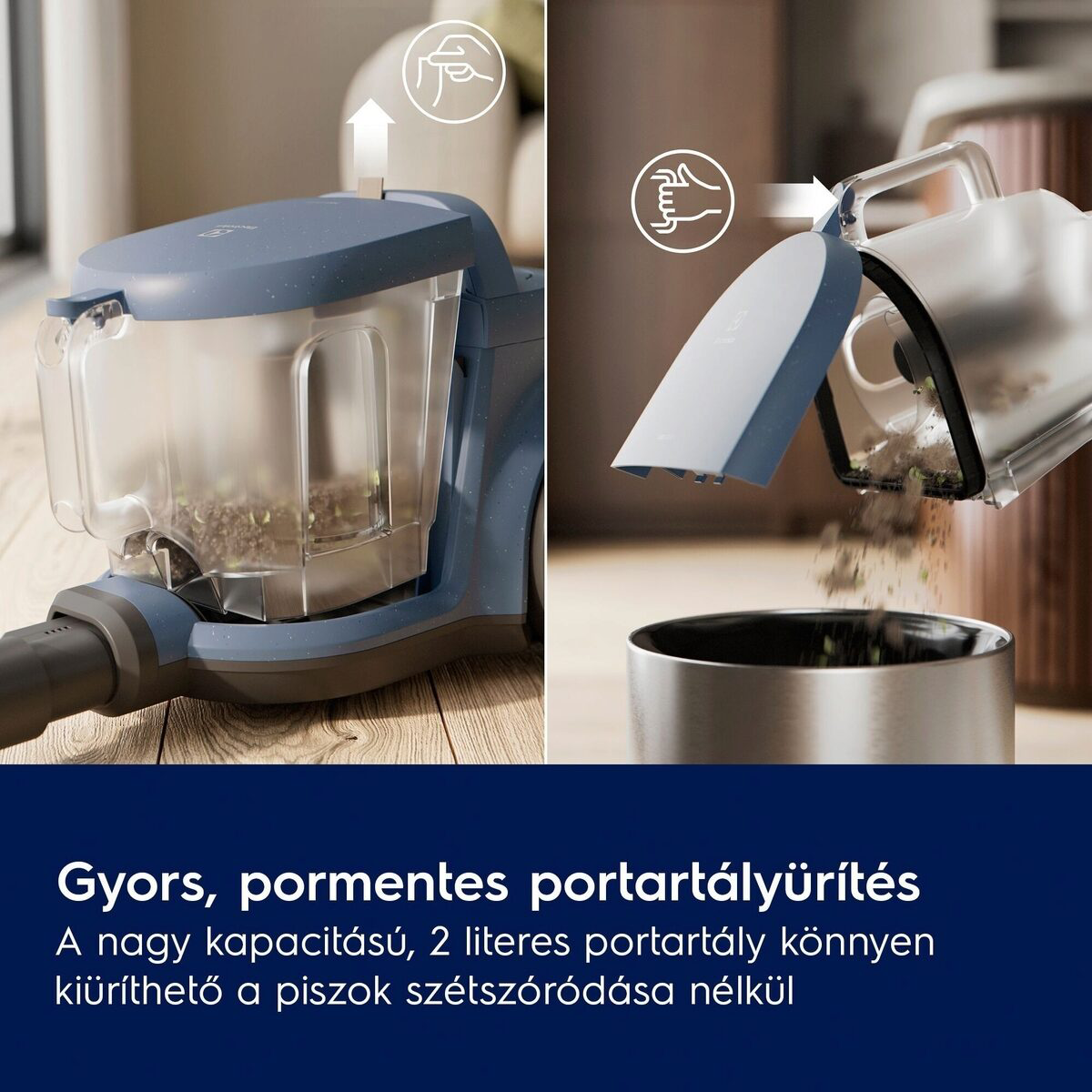 A porszívó portartályát egy fém tartályba ürítik. A porszívó kék és átlátszó, a belsejében lévő törmeléket mutatja.