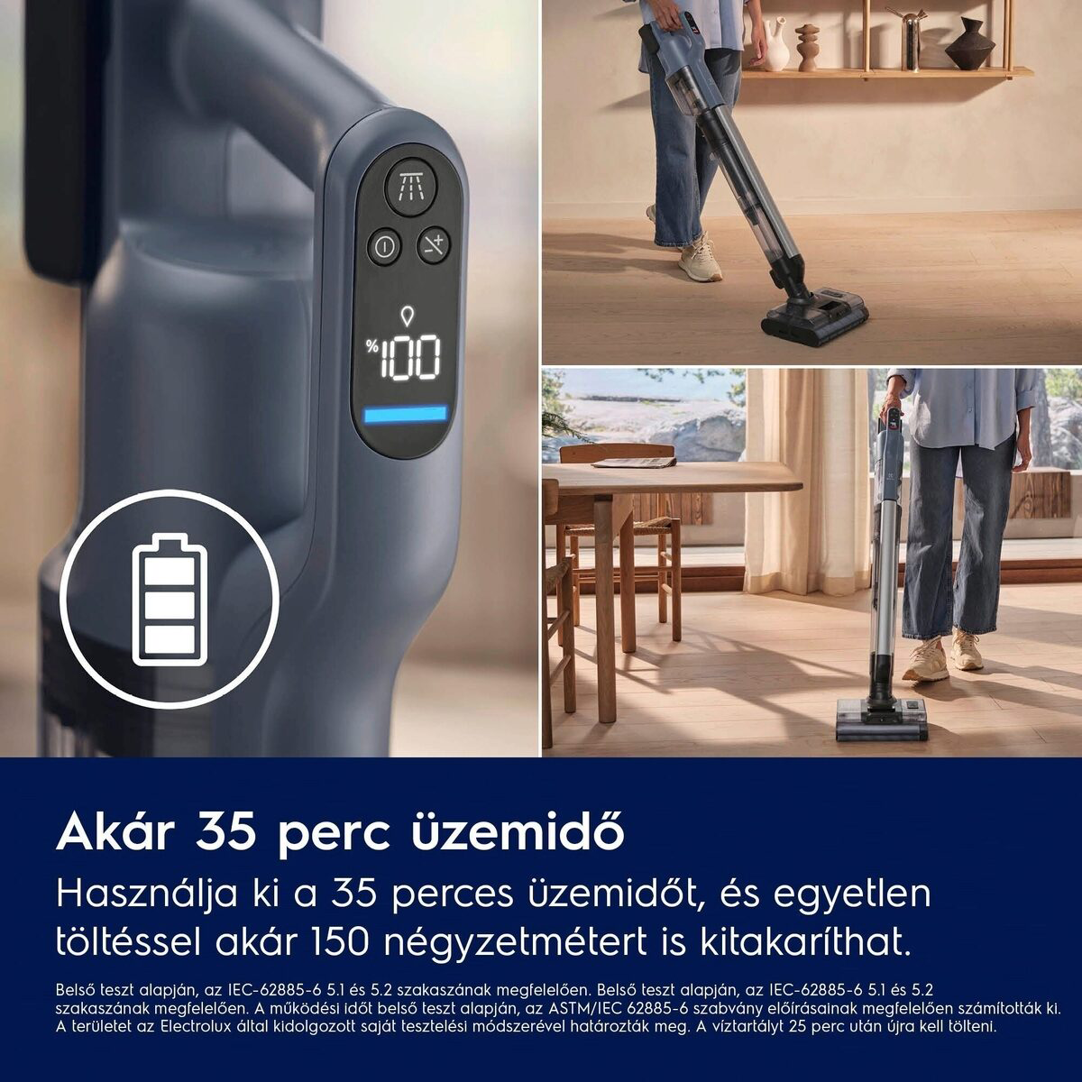 Egy vezeték nélküli porszívó, melynek képernyője 100%-os akkumulátort mutat, és egy nő, aki a padlót takarítja.