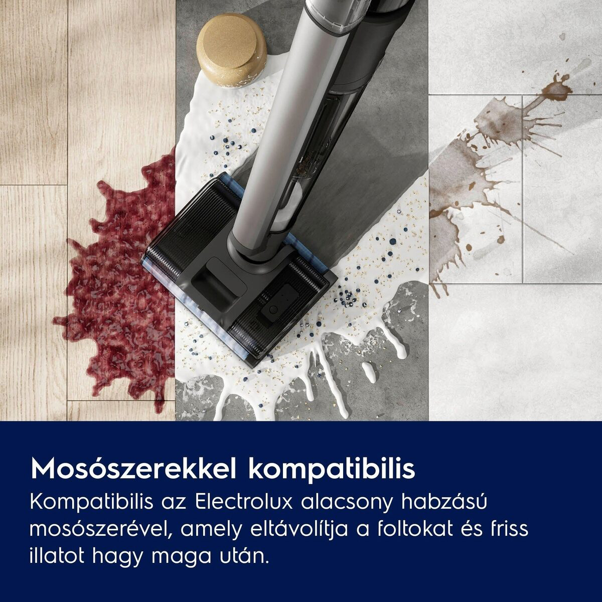 Egy padlótisztító mosószerrel fa, szürke és csempézett felületeken. A tisztítószer használatban van, foltokat tisztítva.