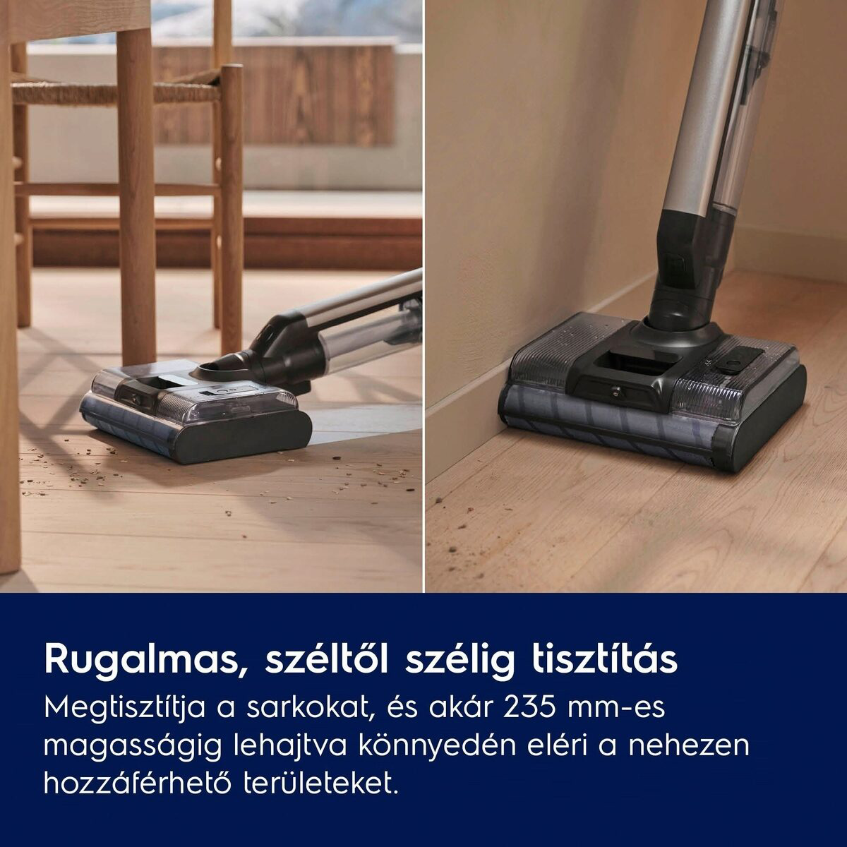 Egy porszívófej tisztít egy fapadlót. A fej a fal közelében mozog. A háttérben egy szék látható.