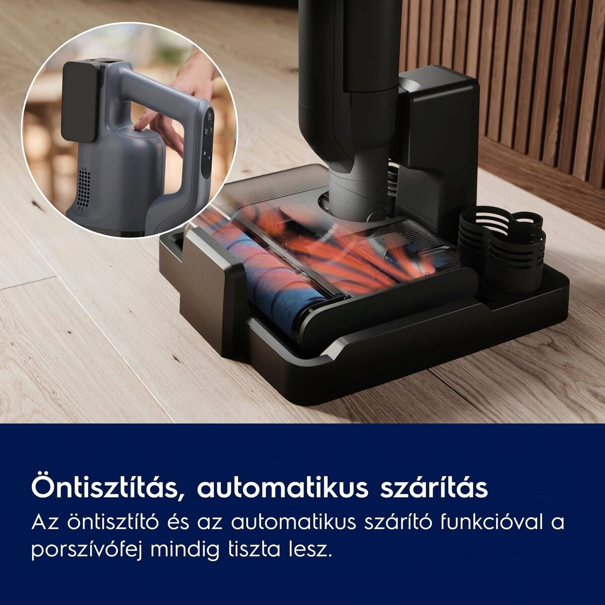 Fekete-szürke porszívó öntisztító funkcióval. Az alap látható kefével, piros sörtékkel, fa padlón.