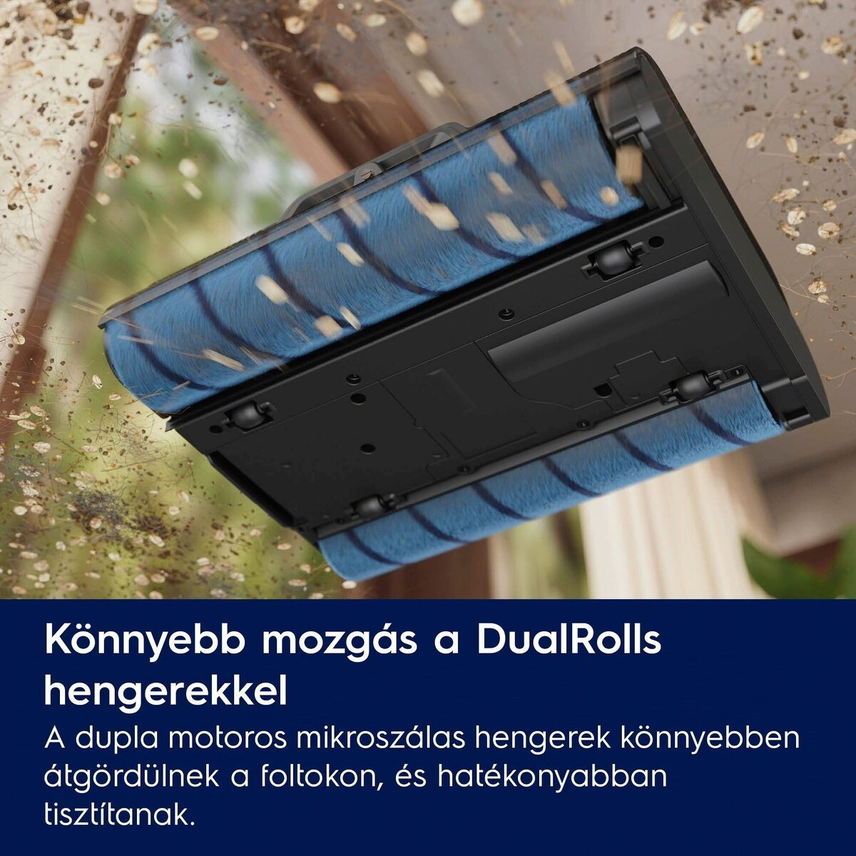 Egy fekete porszívófej közelképe két kék forgó kefével, bemutatva a tisztító hatást, homályos háttérrel.