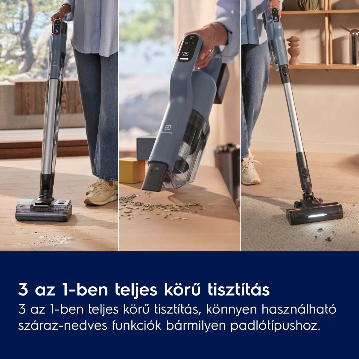 Három kép egy vezeték nélküli porszívóról használat közben. Egy személy tartja és tisztítja a padlót. Por és törmelék látható.