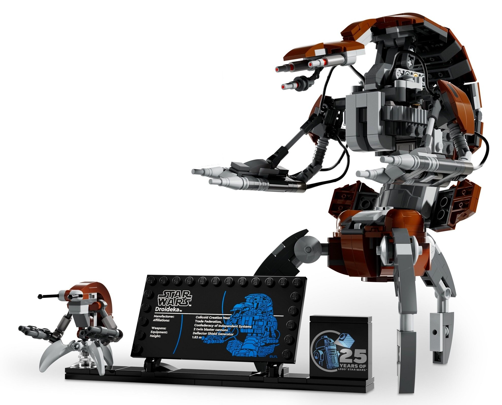 Model Lego Star Wars Droideka. Jest brązowy i szary, z czarnym stojakiem wystawowym i pamiątkowym pudełkiem.