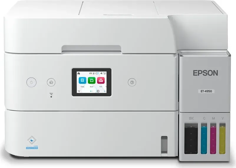 Weißer Epson ET-4950 Drucker. Verfügt über ein Farbdisplay, Tintenbehälter und Bedientasten. Enthält schwarze, cyan-, magenta- und gelbe Tinte.