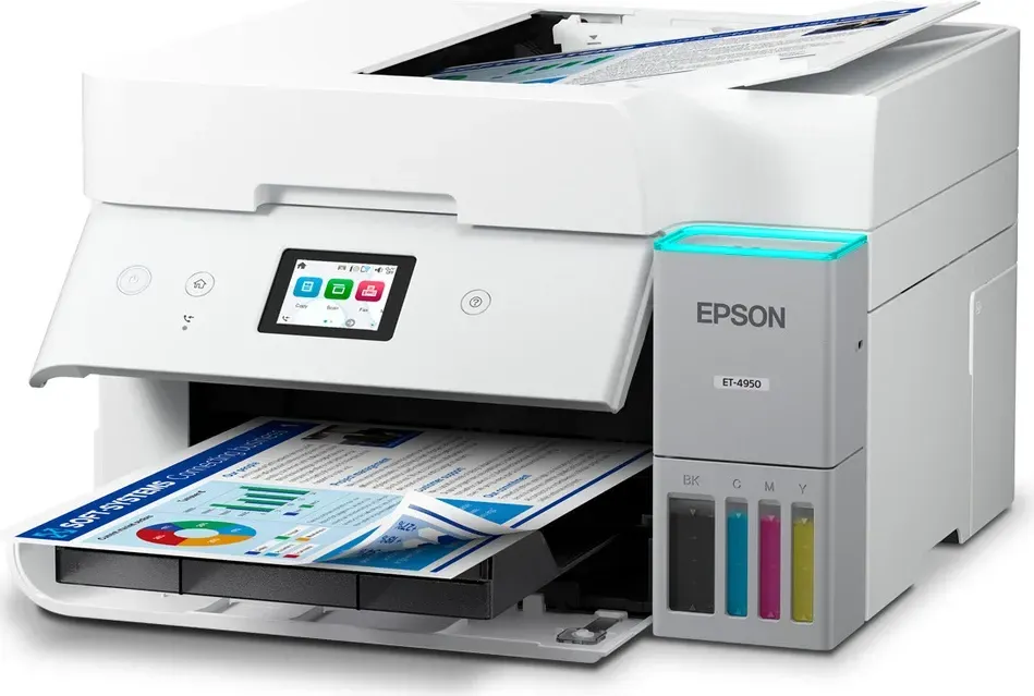 Weißer Epson ET-4950 Drucker, der ein Dokument mit Diagrammen druckt. Der Drucker hat einen Touchscreen und Tintenbehälter.