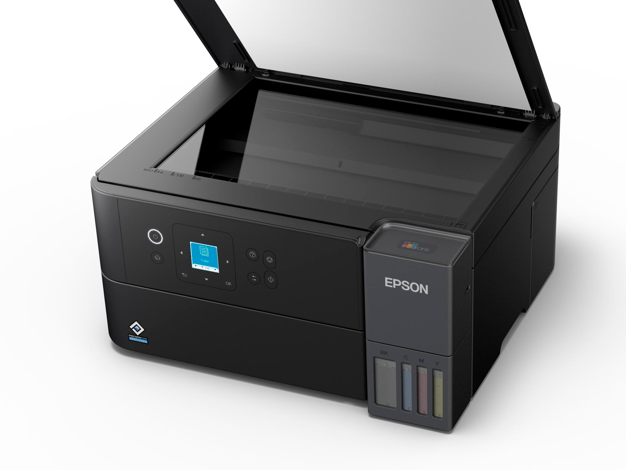 Schwarzer Epson-Drucker mit offenem Deckel. Mit Bedienfeld und Tintenbehältern. Der Deckel ist teilweise geöffnet und gibt das Scannerbett frei.