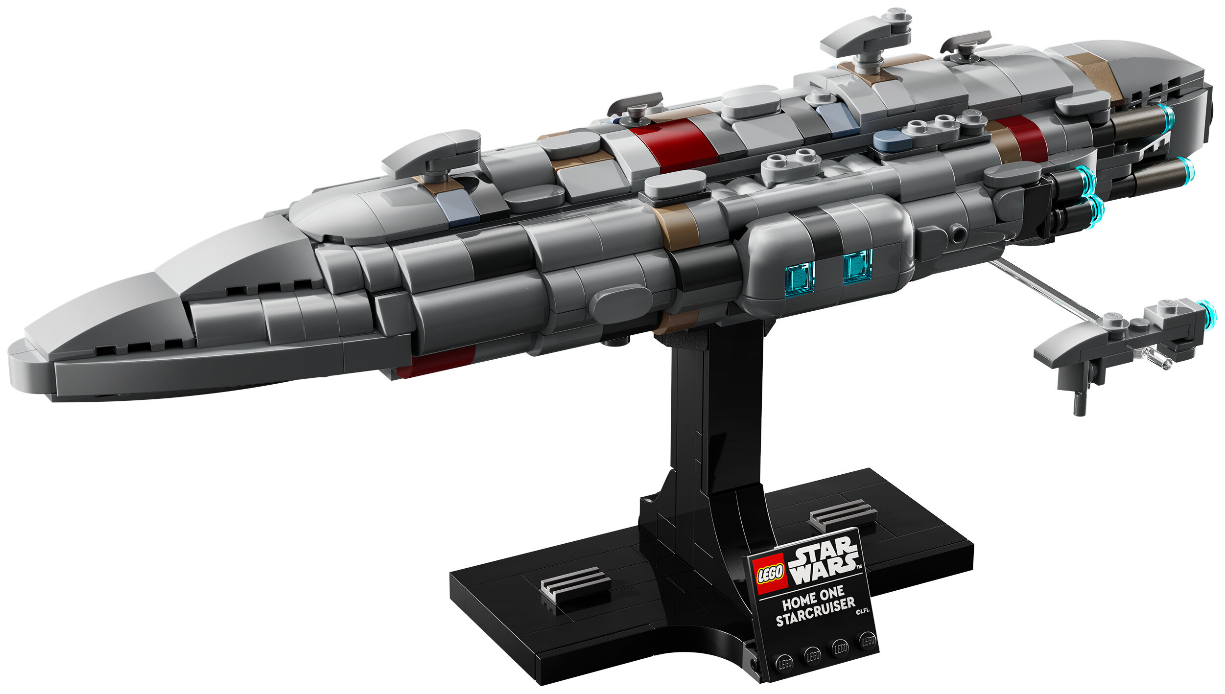 Model Lego Star Wars Home One Star Cruiser na czarnym stojaku. Krążownik jest szary z czerwonymi i brązowymi akcentami.