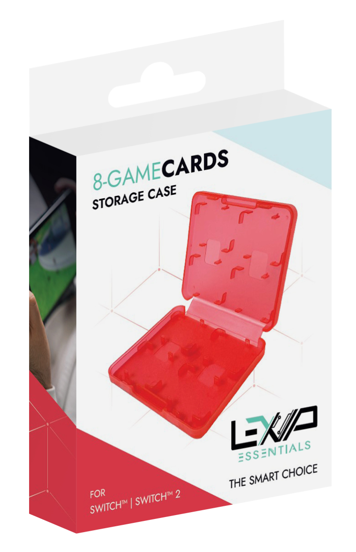 Czerwone otwarte etui do przechowywania kart do gier na białym pudełku. Tekst: 8-GameCards Storage Case, For Switch, Essentials, The Smart Choice.