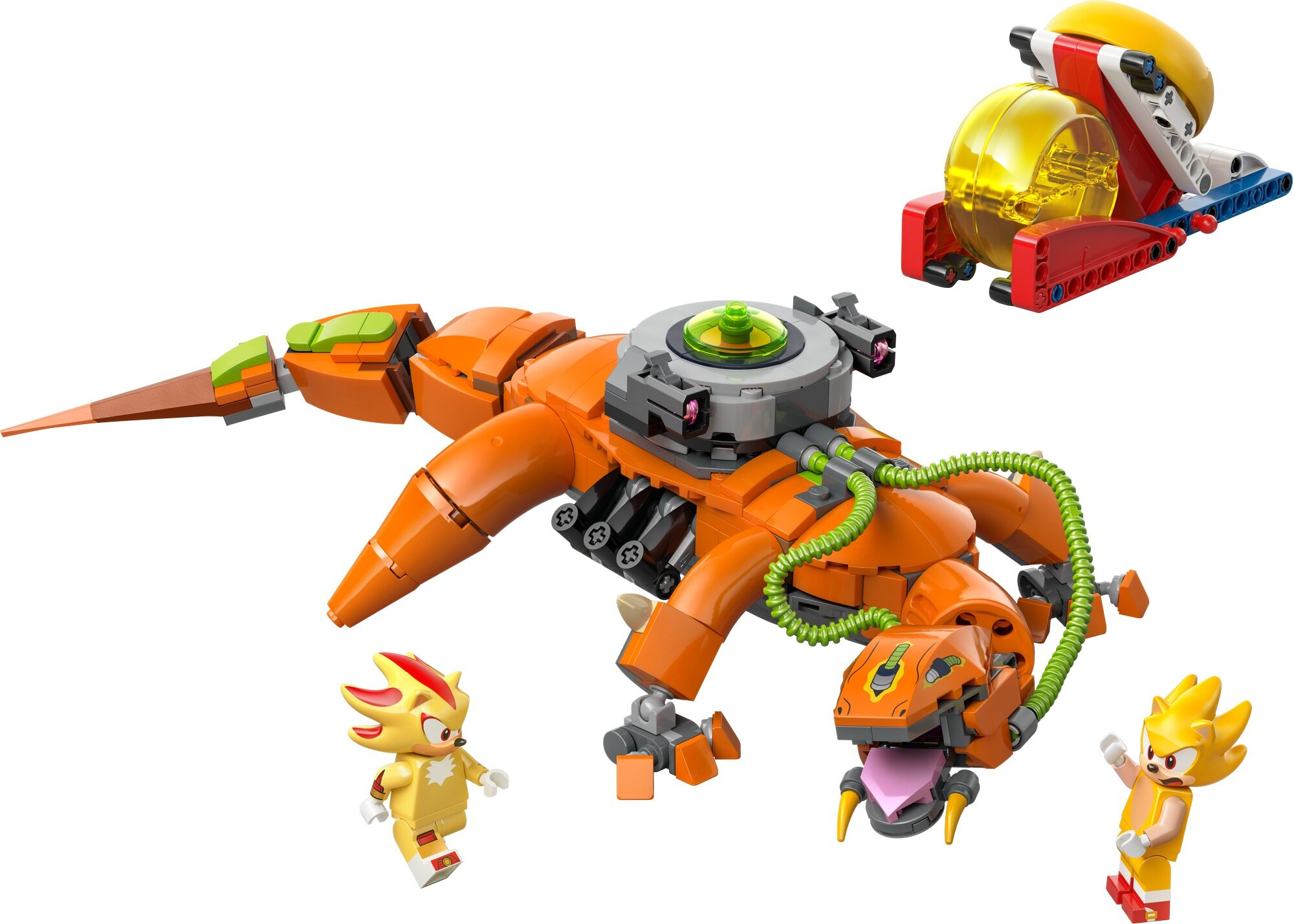 Zestaw Lego z pomarańczową, roboczą kreaturą, żółtym i czerwonym pojazdem oraz trzema minifigurkami postaci Sonic. Białe tło.