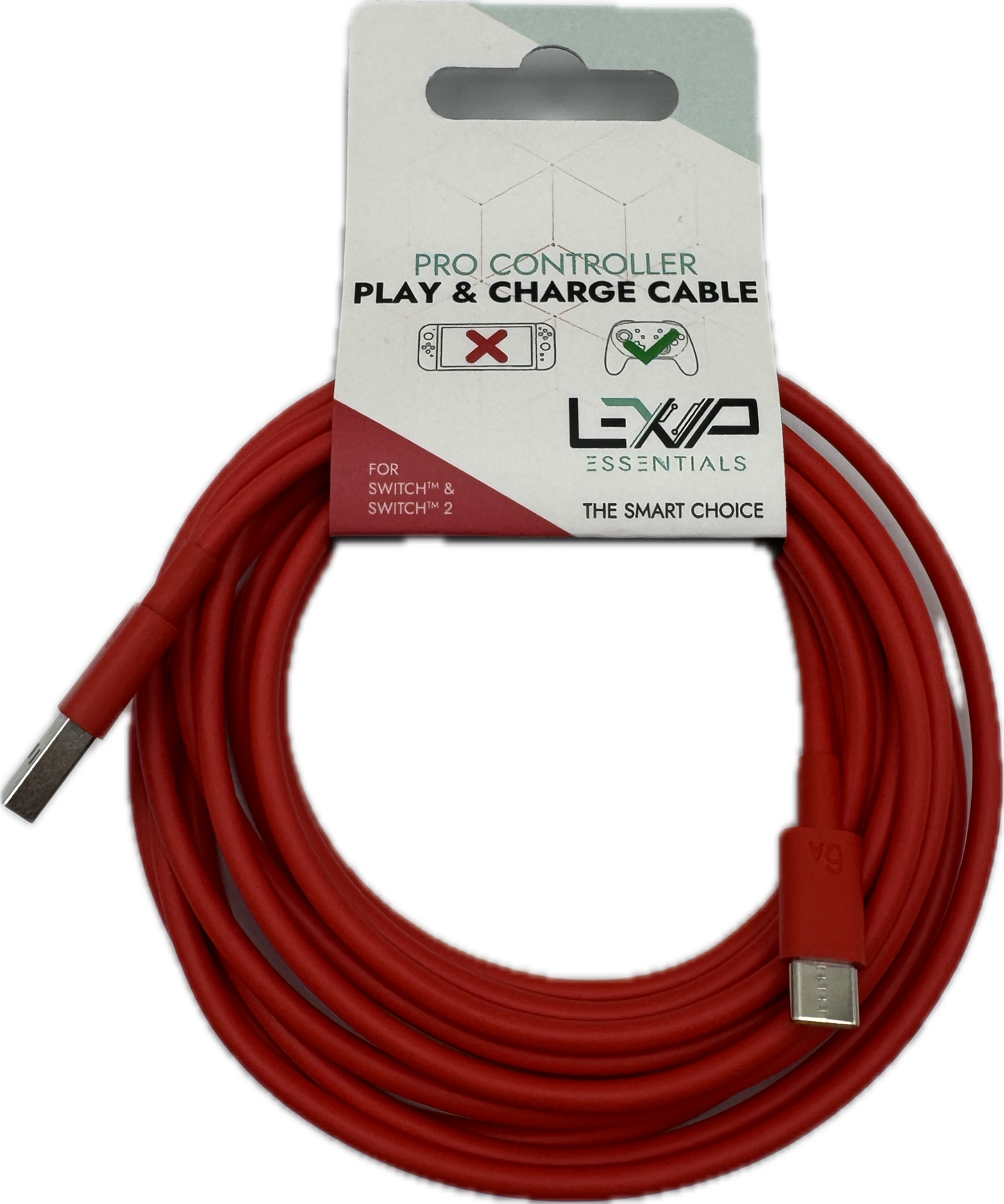 Czerwony kabel do grania i ładowania Switcha, z białą i czerwoną etykietą. Etykieta pokazuje kontroler.