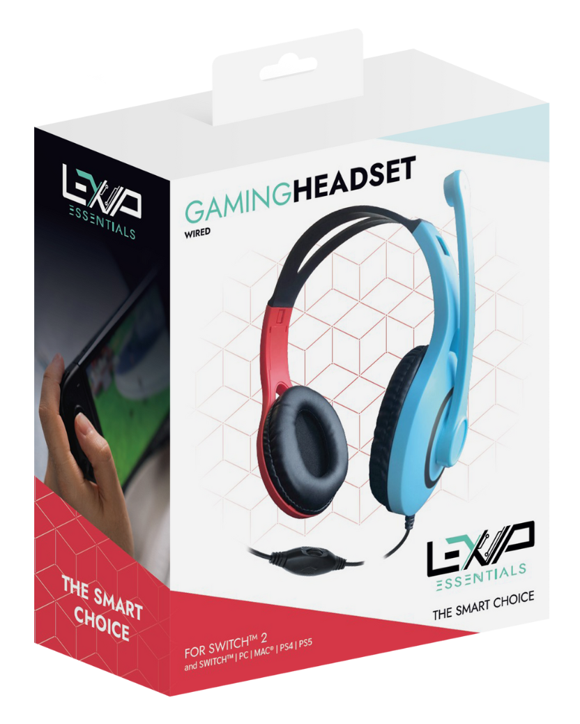 Pudełko z zestawem słuchawkowym dla graczy. Pokazano niebieski i czerwony zestaw słuchawkowy. Tekst: 'Gaming Headset', 'The Smart Choice'. Dla Switch, PC, Mac, PS4, PS5.