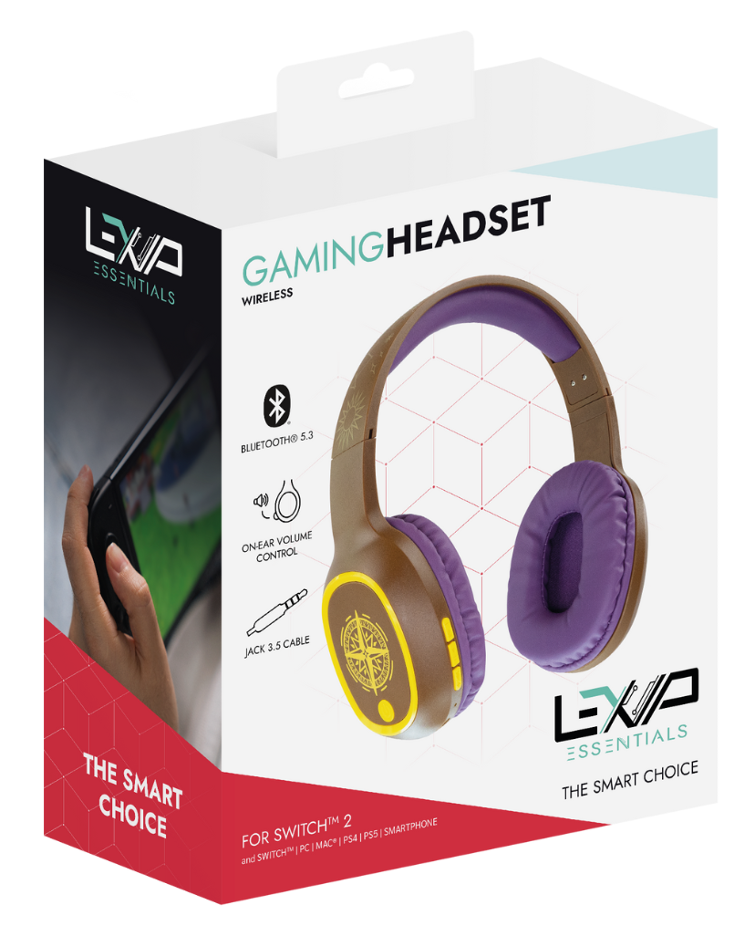 Pudełko z zestawem słuchawkowym z brązowymi i fioletowymi słuchawkami. Tekst zawiera 'Gaming Headset', 'Wireless' i 'Bluetooth 5.3'. Marka to 'LXP Essentials'.