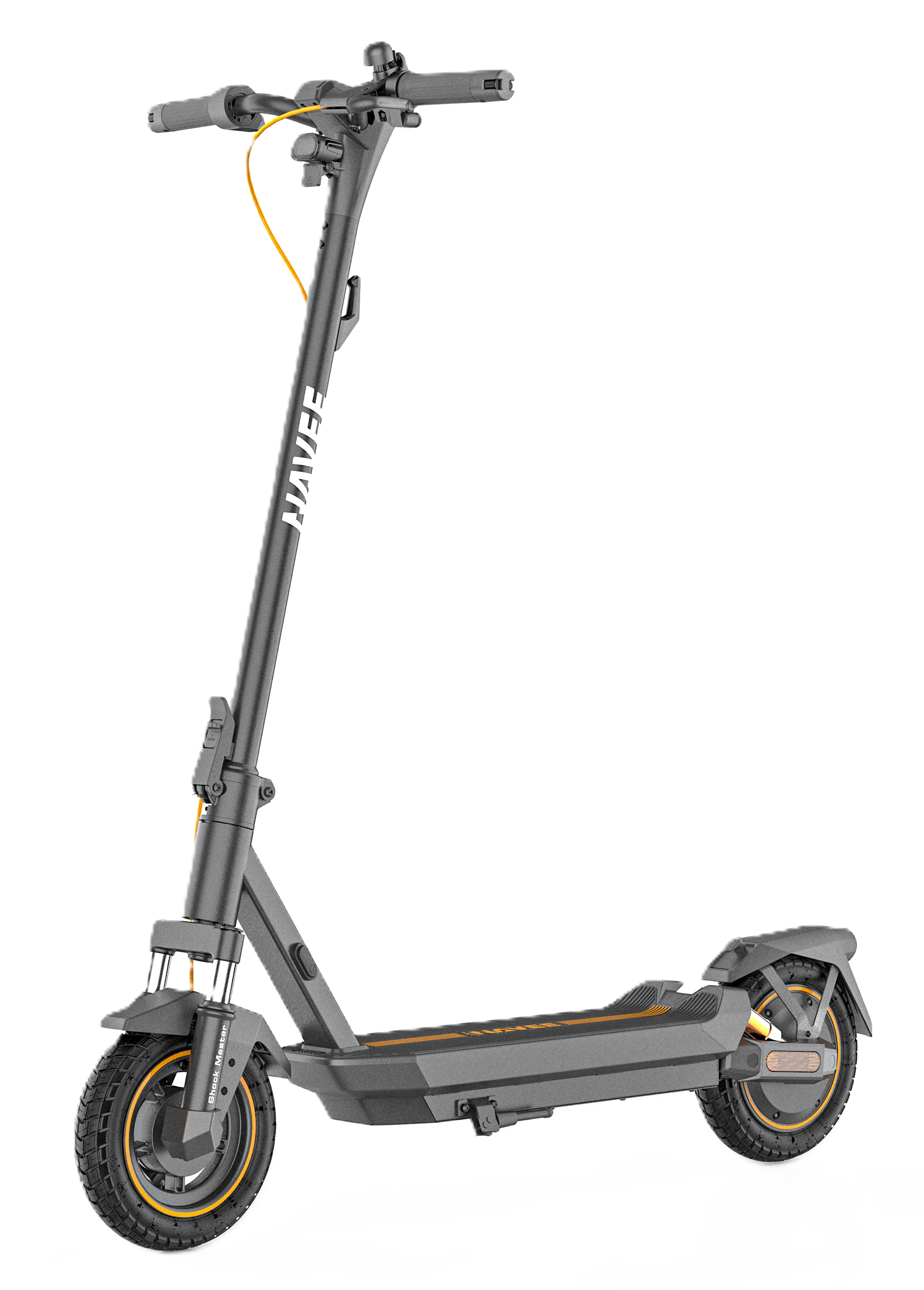 Grauer Navee-Elektroroller. Er hat ein gelbes Kabel und orangefarbene Akzente an den Rädern. Der Hintergrund ist schwarz.