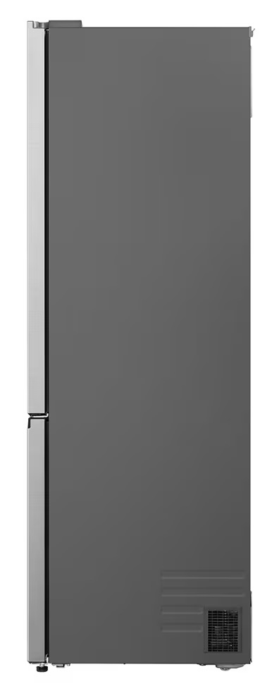 Widok z boku szarej lodówki. Lewa strona jest srebrna, a prawa szara. Na dole znajduje się otwór wentylacyjny.