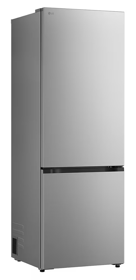Srebrna lodówka LG z dwiema drzwiami. Logo LG znajduje się na górze. Dolne drzwi mają czarny uchwyt.