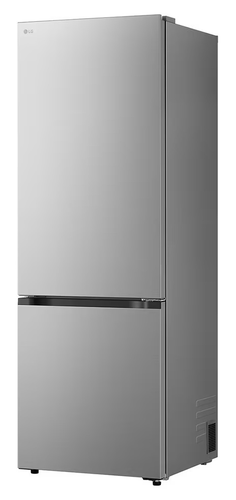 Srebrna lodówka LG z dwojgiem drzwi. Widoczne logo LG. Dolne drzwi mają czarny uchwyt.