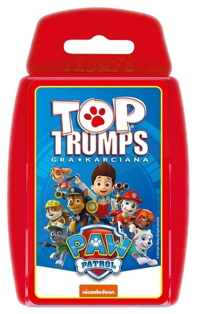 Gra karciana Top Trumps Psi Patrol. Czerwony pakiet z postaciami z Psiego Patrolu. Tytuł: Top Trumps. Logo Psiego Patrolu na dole.