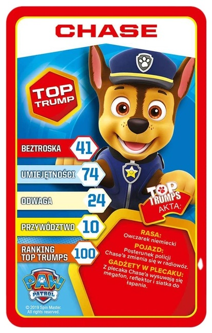 Karta z Chasem z Psiego Patrolu. Zawiera oceny umiejętności i opis jego gadżetów oraz logo Top Trumps.