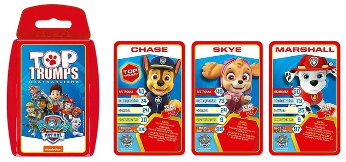 Czerwone pudełko gry karcianej Top Trumps i karty z postaciami z Psiego Patrolu. Chase, Skye i Marshall na kartach.