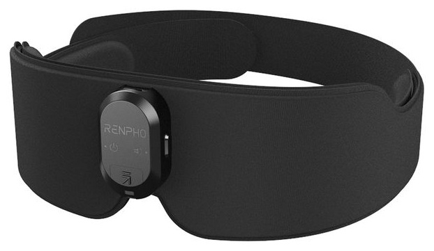 Czarny masażer do oczu RENPHO. Posiada panel sterowania i regulowane paski. Urządzenie służy do relaksacji oczu i redukcji stresu.
