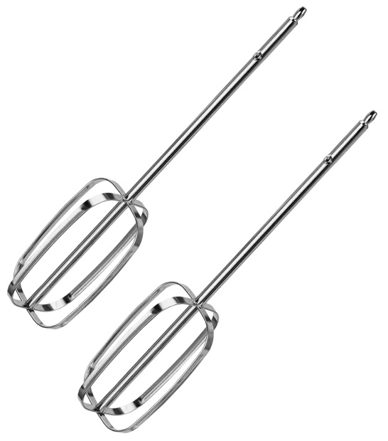 Dwa metalowe przystawki do miksera na białym tle. Każdy ma długi trzon i drucianą głowicę ubijacza.