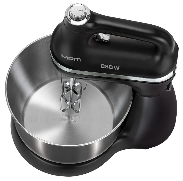 Czarny i srebrny mikser stojący MPM ze stalową misą. Mikser ma przycisk turbo i moc 850W.