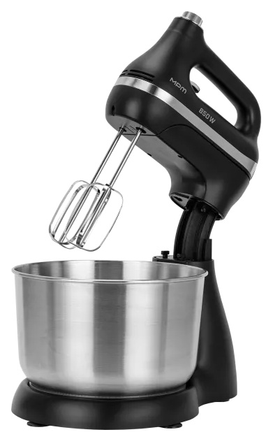Czarny mikser ręczny z misą ze stali nierdzewnej. Mikser ma srebrne akcenty i uchwyt. Misa stoi na czarnej podstawie.