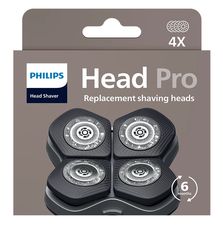 Głowice golące zamienne Philips Head Pro, widoczne cztery głowice. Opakowanie zawiera logo marki, nazwę produktu i 6 miesięcy.