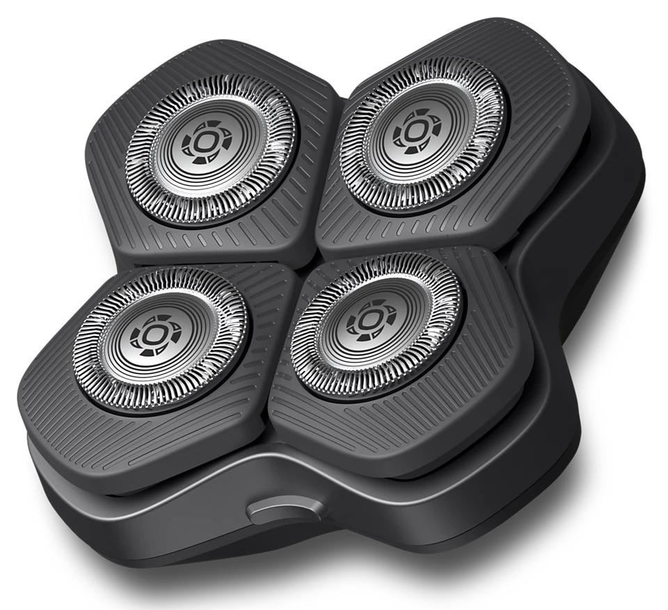 Zbliżenie ciemnoszarej głowicy golarki elektrycznej z czterema okrągłymi jednostkami golącymi. Każda jednostka ma srebrne, okrągłe ostrze tnące.