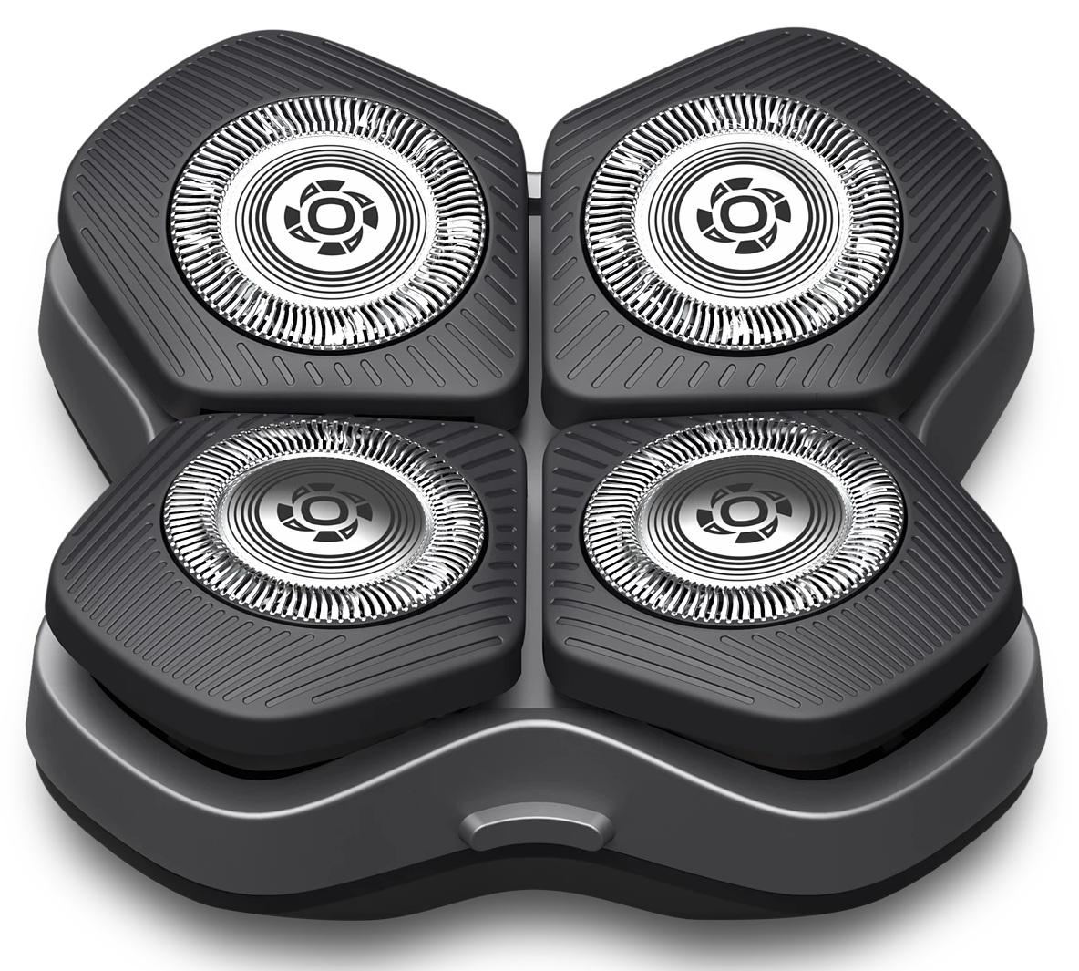 Zbliżenie czarnej głowicy golarki elektrycznej z czterema okrągłymi jednostkami tnącymi. Każda jednostka ma srebrne ostrze wewnętrzne i czarną ramę zewnętrzną.