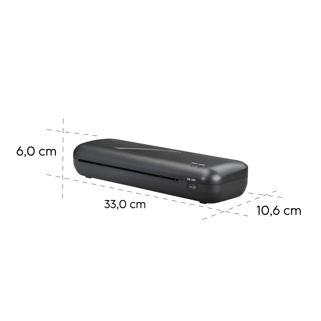 Ein schwarzes Laminiergerät auf weißem Hintergrund. Abmessungen: 33,0 cm lang, 10,6 cm breit und 6,0 cm hoch.